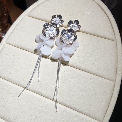花花仙子~銀針鋯石花朵流蘇耳釘甜美度假風耳環設計感超仙耳飾女