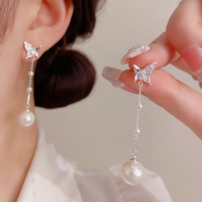 珍珠鋯石蝴蝶流蘇耳墜－商品主圖｜https://igowo.tw/