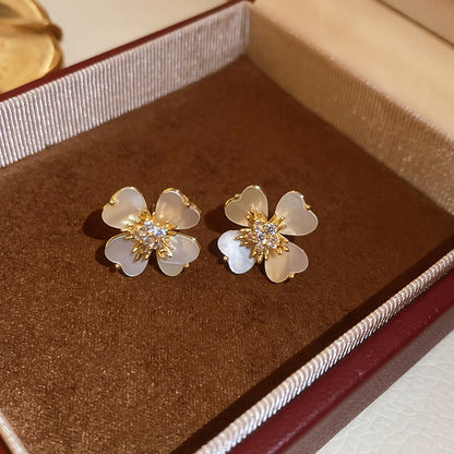 韓系溫柔精致鋯石花朵珍珠耳環輕奢高級感耳釘時尚簡約氣質耳飾女