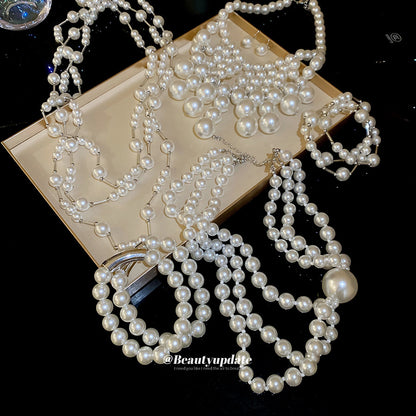 珍珠串珠幾何圓形手鏈耳鉤項鏈套裝優雅氣質鎖骨鏈小眾設計感飾品