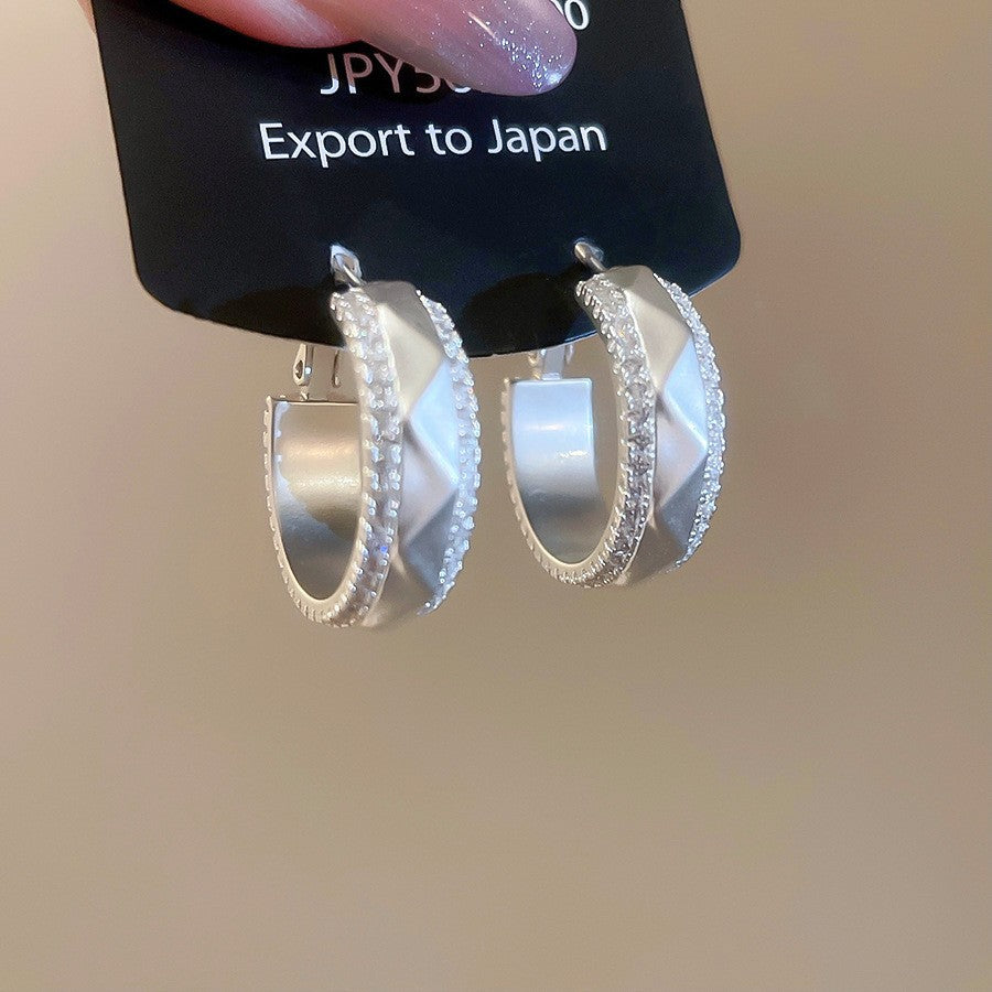 銀針鑲鉆金屬拉絲圓形耳釘冷淡風個性時尚百搭耳環輕奢高級感耳飾