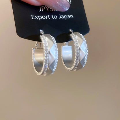 銀針鑲鉆金屬拉絲圓形耳釘冷淡風個性時尚百搭耳環輕奢高級感耳飾