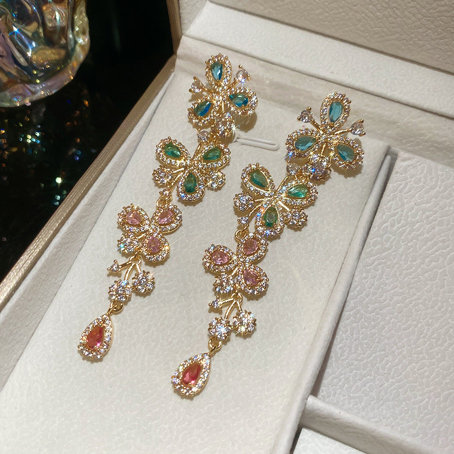 銀針彩寶奢華鋯石花朵耳釘歐美中古vintage耳環輕奢高級感耳飾女