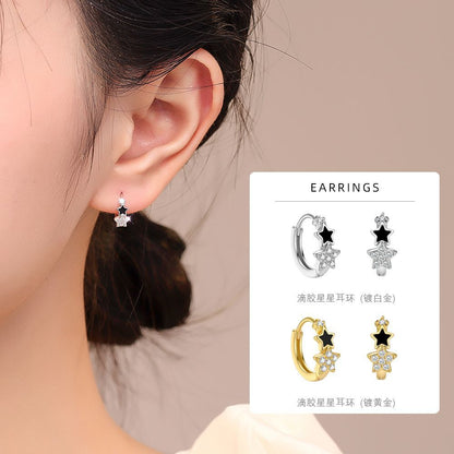 S925 鑲鑽滴膠五角星耳環女ins冷淡風時尚百搭高級感鍍K金耳扣