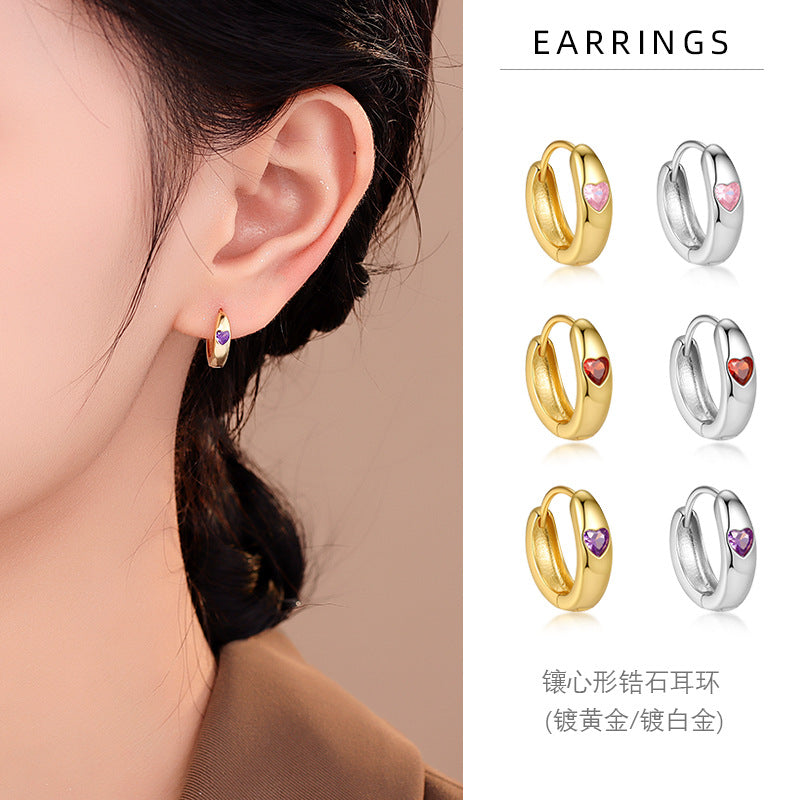S925 鑲鑽彩鋯愛心耳環2025新款女時尚百搭輕奢高級感耳圈耳扣