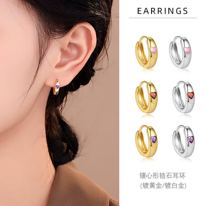 S925 鑲鑽彩鋯愛心耳環2025新款女時尚百搭輕奢高級感耳圈耳扣