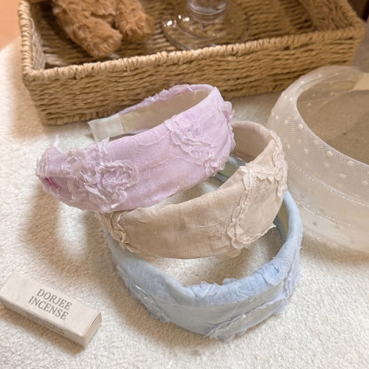 網紗花朵寬版髮箍－藍色款細節｜https://igowo.tw/