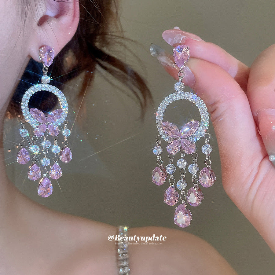 鋯石蝴蝶項鍊耳環組－銀針-銀色-綠色款細節｜https://igowo.tw/