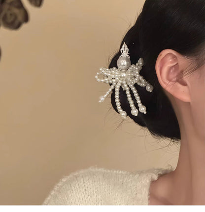 韓式風甜美蝴蝶結流蘇珍珠發夾高級感精致鴨嘴夾時尚氣質發飾頭飾