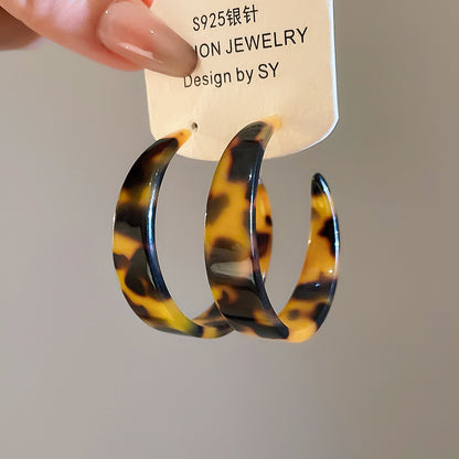 銀針醋酸板豹紋圓形C形耳環復古民族風耳釘耳墜輕奢高級感耳飾女