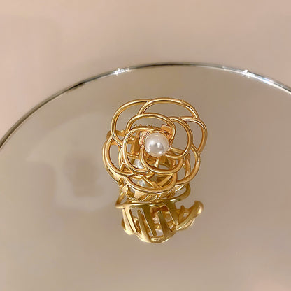 法式復古珍珠山茶花抓夾金屬女韓國優雅氣質后腦勺盤發發夾鯊魚夾