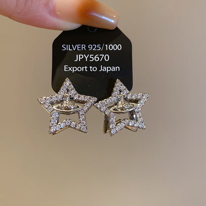 銀針超閃鋯石土星吊墜耳釘時尚冷淡風氣質耳環精致輕奢高級感耳飾