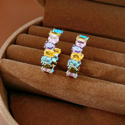 彩色鋯石橢圓簡約耳釘