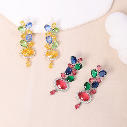 彩色鋯石花朵長版耳釘－商品主圖｜https://igowo.tw/