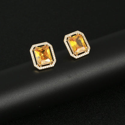 S925鋯石方形微鑲耳環－粉色款實拍｜https://igowo.tw/