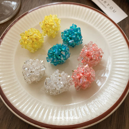 銀針圓形花朵水晶編織耳釘通勤百搭耳環女時尚氣質耳飾小眾高級感