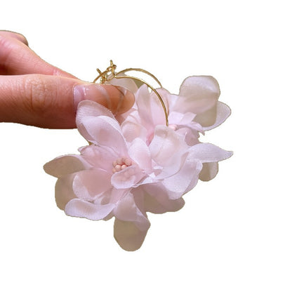 銀針粉色雪紡花朵流蘇耳釘小清新甜美度假風耳環輕奢高級感耳飾女