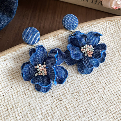 藍色愛心花朵流蘇耳釘