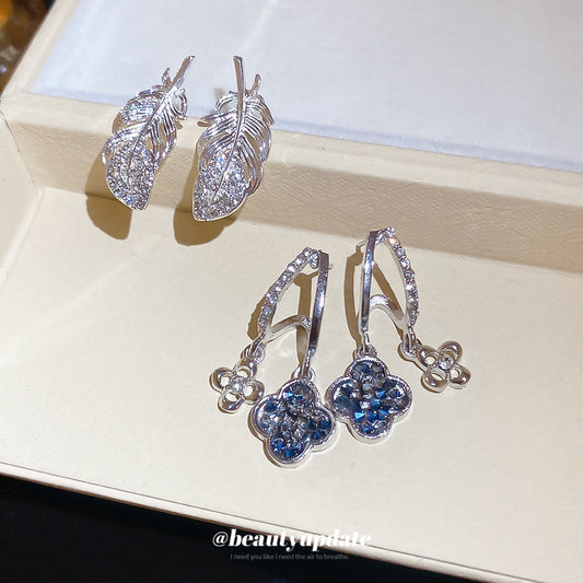 銀針碎鉆羽毛花朵耳釘精致時尚小眾設計感耳環輕奢高級感漂亮耳飾