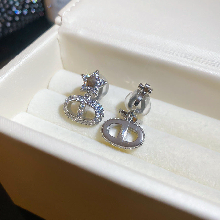 耳夾~18k真金電鍍鋯石星星豬鼻子耳釘通勤輕奢高級感無耳洞耳飾女