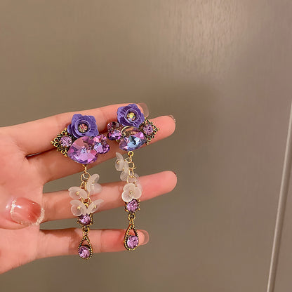 水晶銀針花朵流蘇耳墜