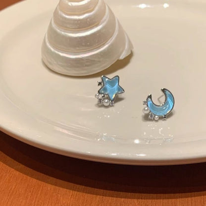 珍珠月亮不對稱耳環