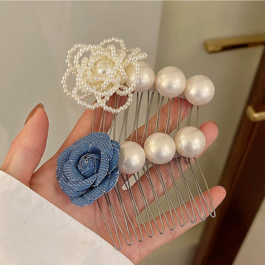 珍珠布面花朵復古髮簪－商品主圖｜https://igowo.tw/