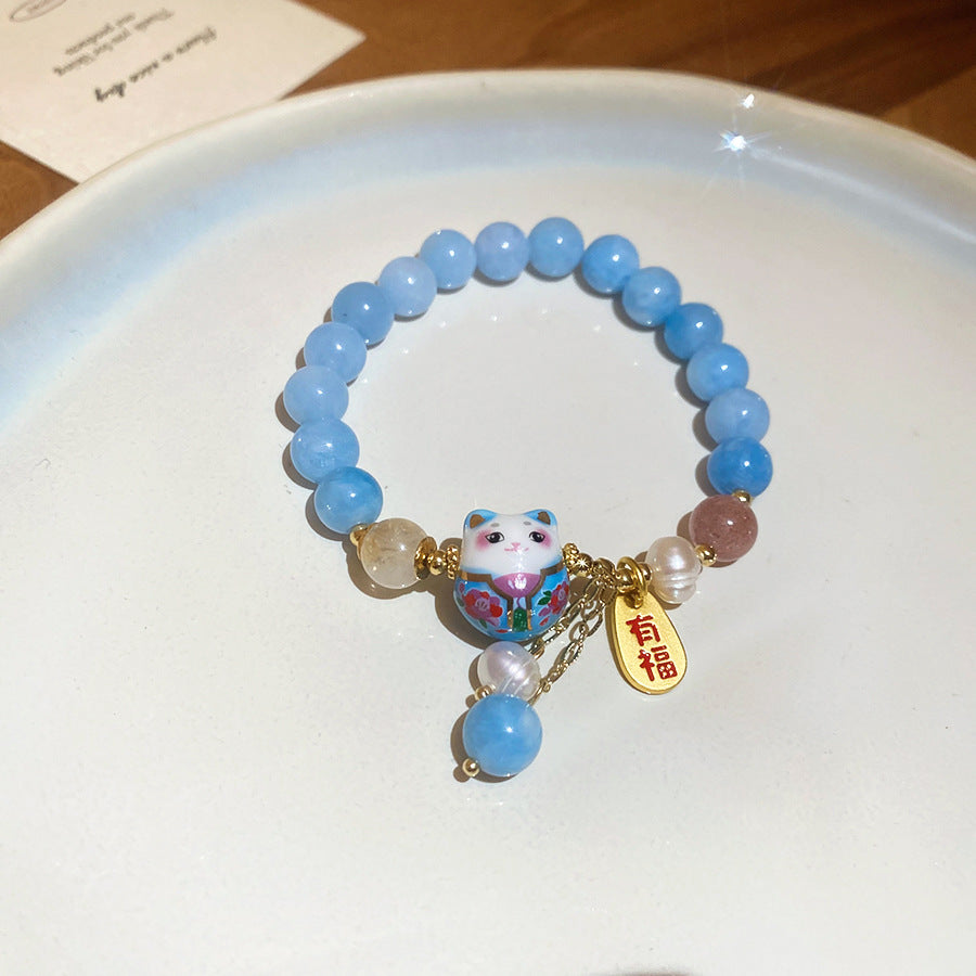 有福招財貓圓形珍珠串珠手鏈女高級感輕奢手環小清新甜美氣質手飾