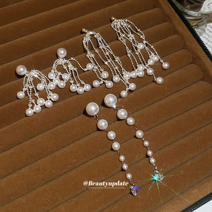 銀針鋯石水滴流蘇珍珠耳釘復古優雅氣質耳環輕奢高級感小眾耳飾女