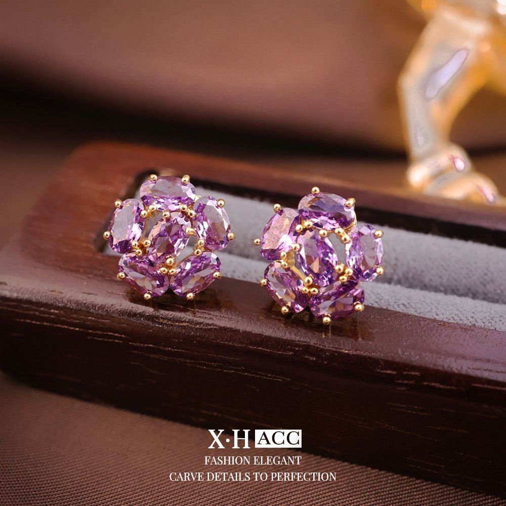 紫色鋯石玫瑰復古耳釘－商品主圖｜https://igowo.tw/