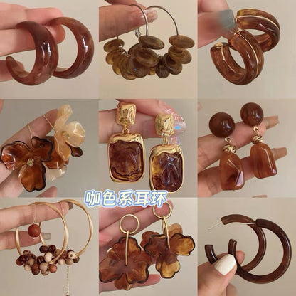 復古美拉德咖色銀針耳釘時尚百搭小眾港風耳環輕奢高級感秋冬耳飾
