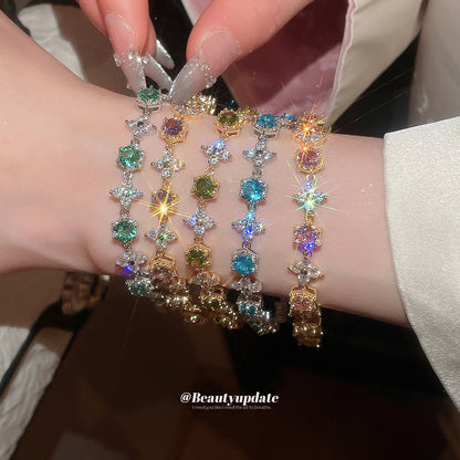 18k真金電鍍鋯石花朵圓形簡約手鏈女高級感時尚手環重工超閃手飾