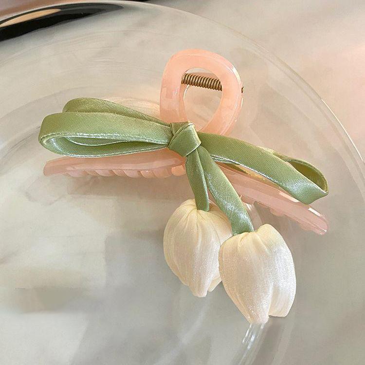 布藝網紗郁金香花朵發夾女高級感氣質盤發鯊魚夾時尚抓夾發飾批發