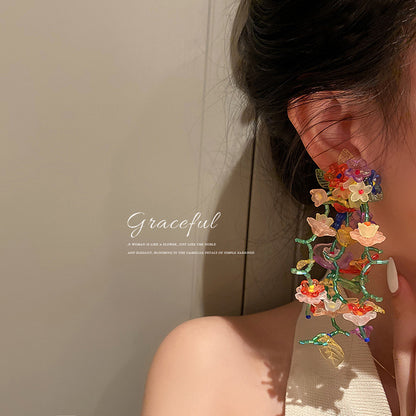 銀針流蘇花朵花卉仙女款耳墜耳釘女田園風小眾手作氣質夸張耳環女