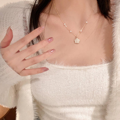 珍珠蝴蝶結復古項鍊－29#項鍊-金色-花朵（雙層）款細節｜https://igowo.tw/
