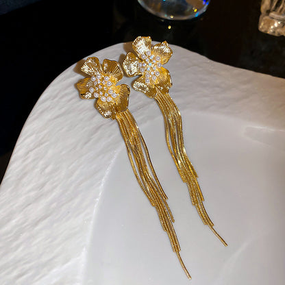 18k真金電鍍銀針鋯石花朵珍珠長款耳環輕奢高級感耳釘復古耳飾女