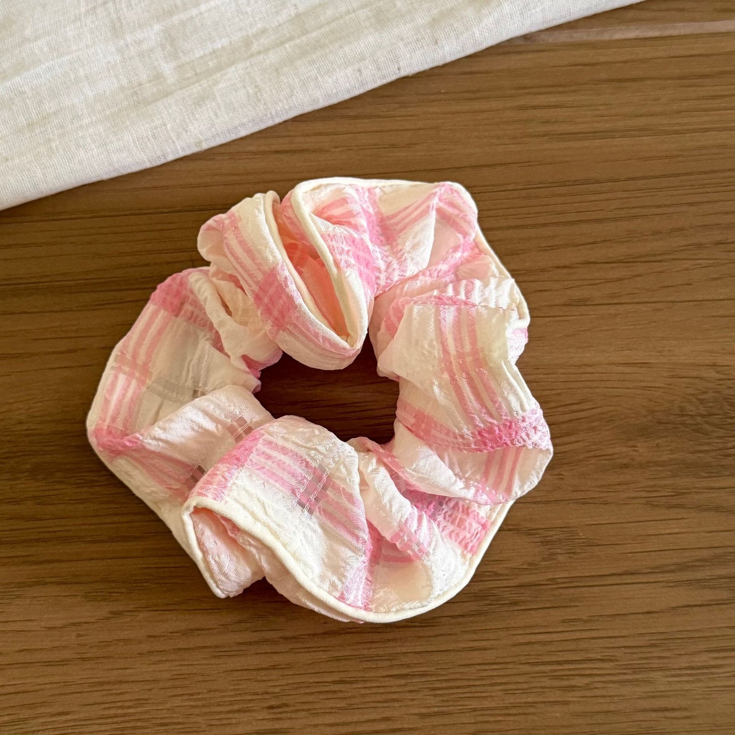 粉色格紋蝴蝶結髮圈