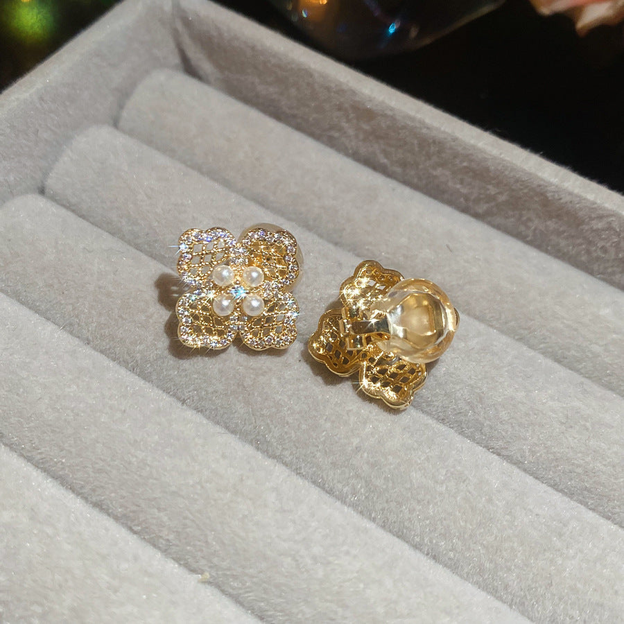 18K真金電鍍鋯石鏤空花朵珍珠耳夾復古氣質優雅耳環輕奢小眾耳飾