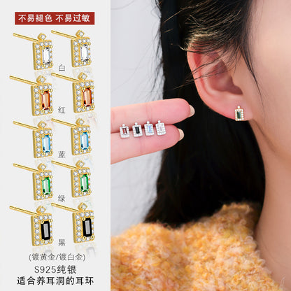 S925 微鑲鋯石香水瓶幾何方形耳釘女2025新小眾設計感耳飾