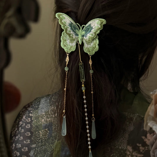 新中式綠色蝴蝶流蘇發夾女復古優雅國風漢服鴨嘴夾輕奢高級感發飾