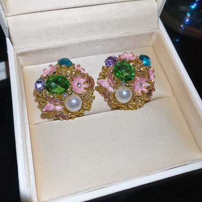 中古vintage銀針滴油鑲鉆珍珠花朵耳釘宮廷風耳環輕奢高級感耳飾