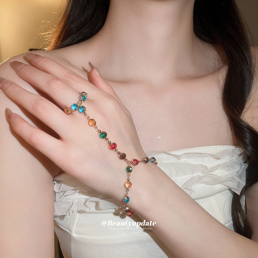 2026新款水晶一體式指環手鏈女多巴胺甜美手環百搭輕奢ins風手飾