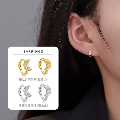 S925 鑲鑽月亮小清新耳釘日韓簡約百搭可愛仙女養耳洞免摘耳環