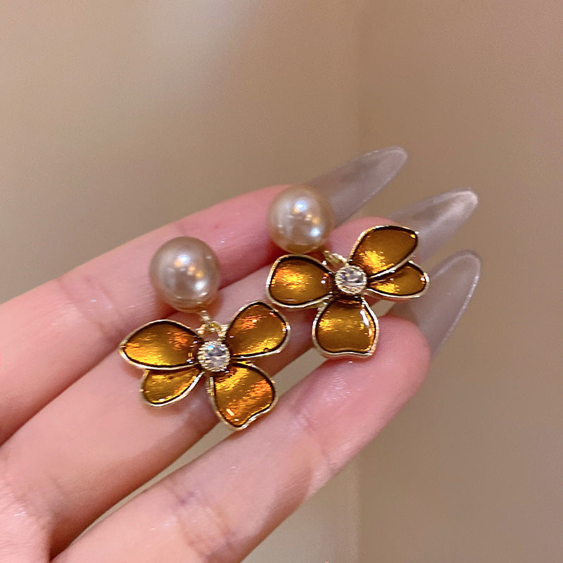 秋冬新款美拉德咖色花朵耳環