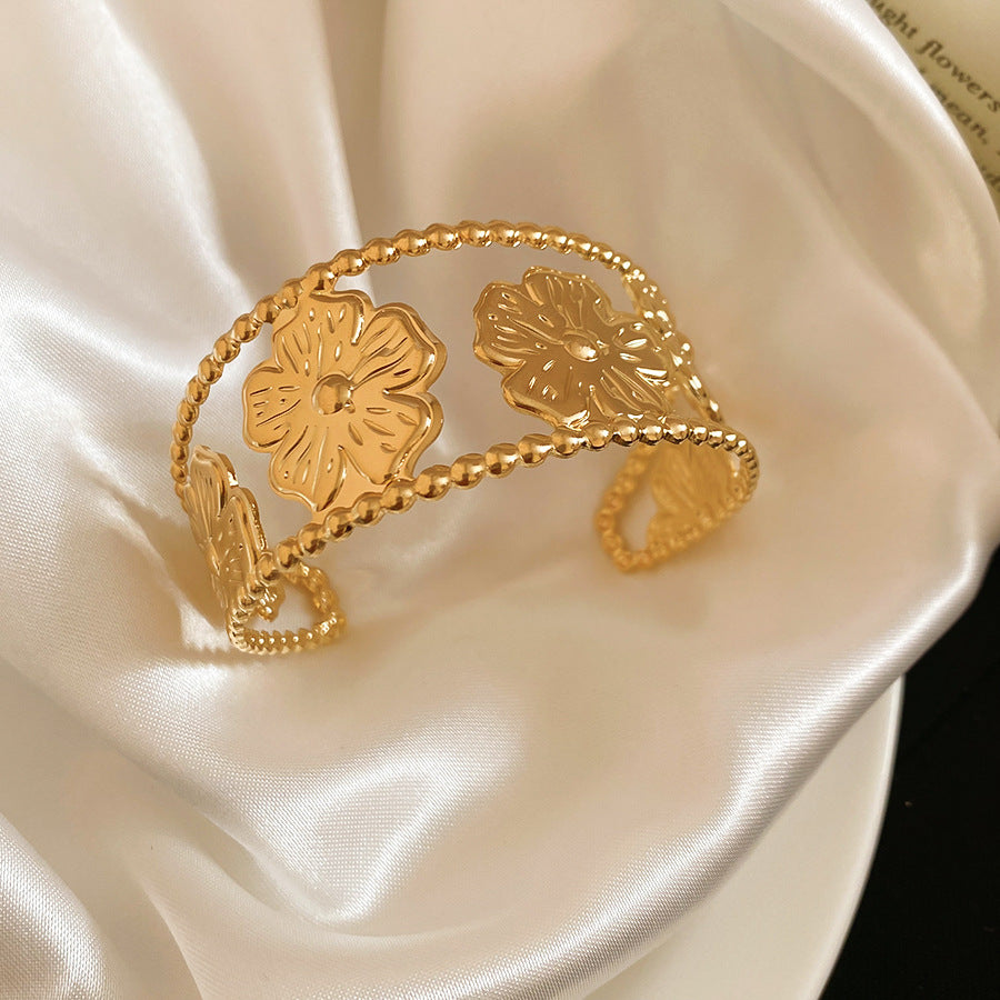 歐美跨境金屬花朵紋路開口手鐲休閑時尚個性氣質手環輕奢小眾手飾