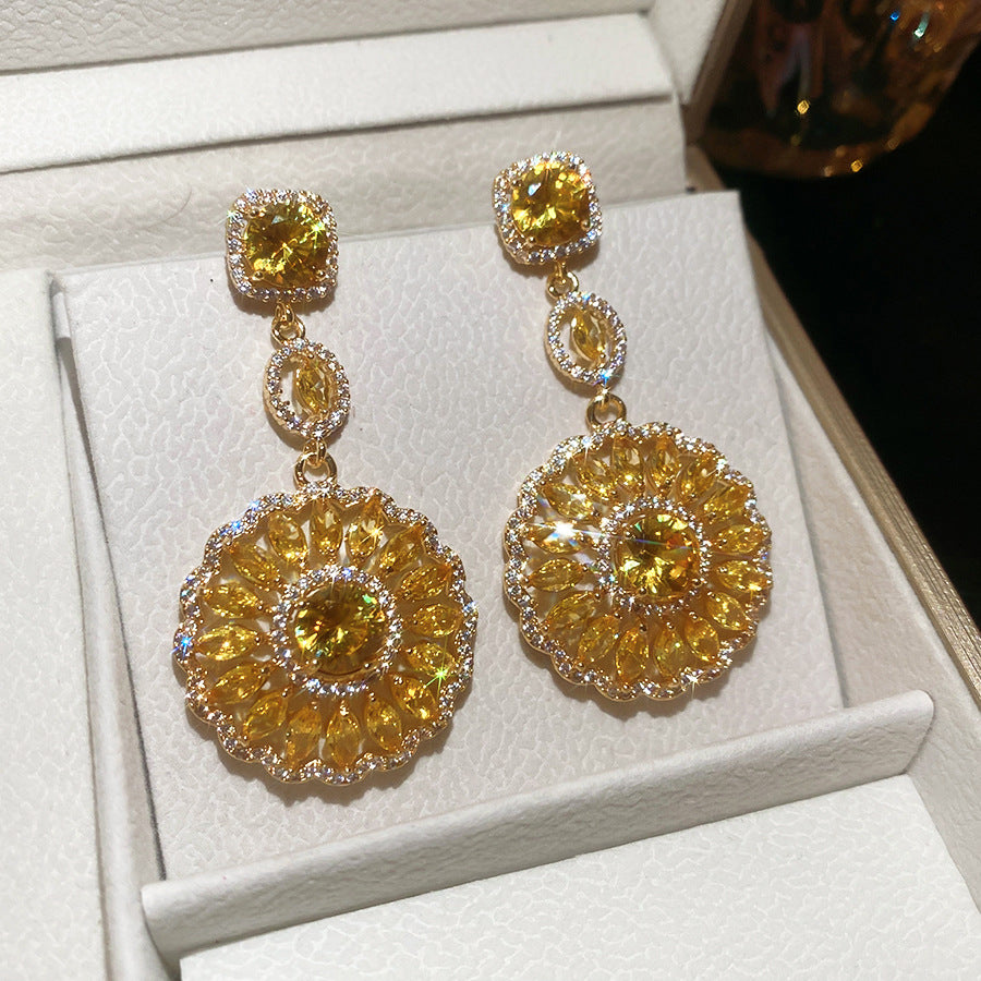 銀針彩寶奢華鋯石花朵耳釘歐美中古vintage耳環輕奢高級感耳飾女