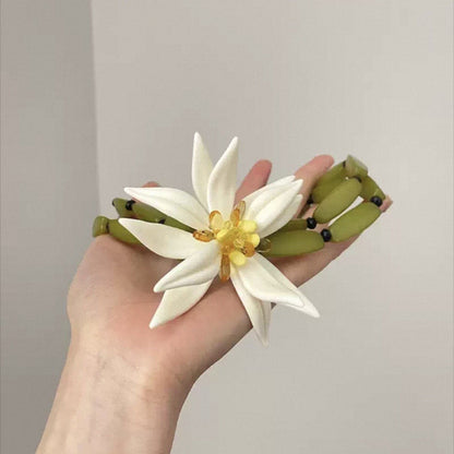 樹脂竹節花朵耳釘套組－項鍊-綠色-白色款實拍｜https://igowo.tw/
