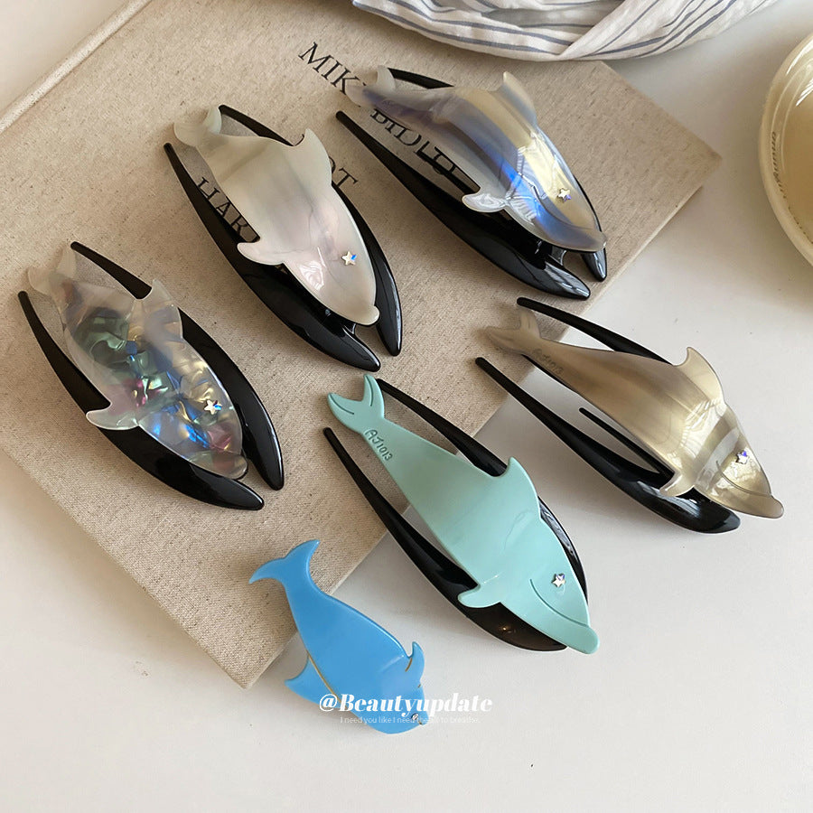 亞克力鑲鉆漸變鯨魚發夾海邊度假風鯊魚夾卡通創意后腦勺盤發抓夾