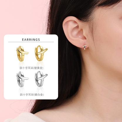 S925 光面X字形耳環女時尚百搭耳扣輕奢小眾設計精致耳圈耳飾