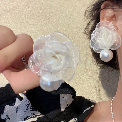銀針珍珠網紗花朵流蘇耳釘春夏清新甜美耳環超仙純欲時尚耳飾批發